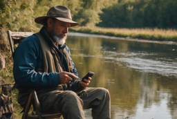 Wędkarz z telefonem w ręce